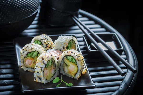 stock image Delicious and healthy sushi set made of rice and shrimps. As a classic Japanese cuisine.