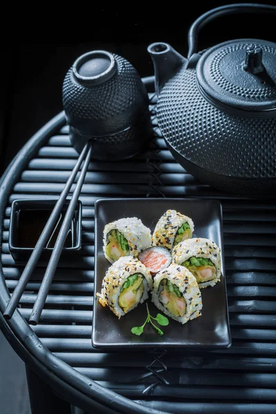 Tasty Fresh Sushi Set Served Black Slate Stone Classic Japanese — Stock Photo, Image