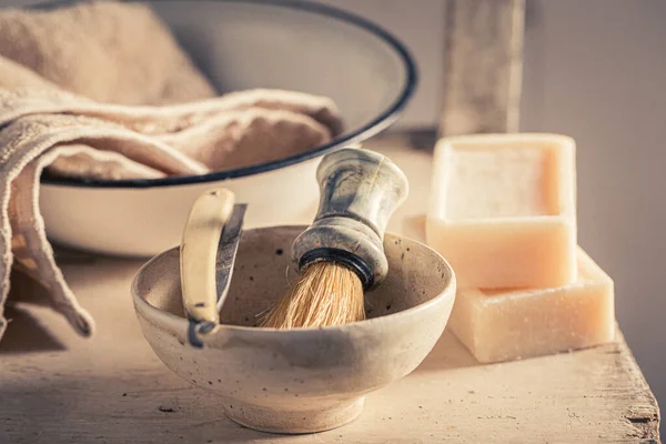 Stock image Unique and classic shave set with foam and brush. Classic shaving accessories.