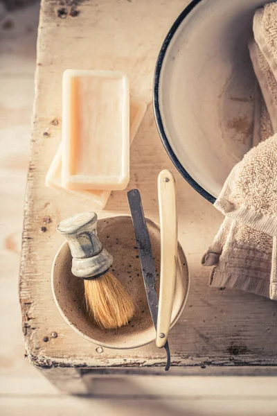 Antique and traditional tools for shave with razor and soap. Classic shaving accessories.