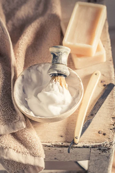 Sabun Fırçayla Tıraş Olmak Için Eşsiz Klasik Aletler Klasik Tıraş — Stok fotoğraf