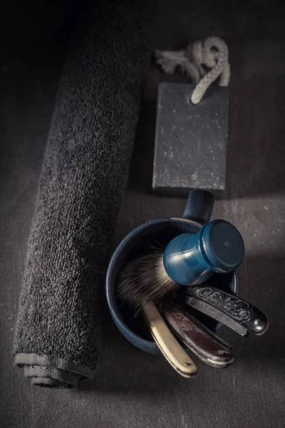 Antika Geleneksel Tıraş Aletleri Gri Sabun Fırçayla Klasik Tıraş Aksesuarları — Stok fotoğraf