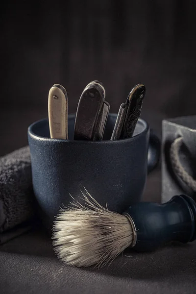 Antique Traditional Shaving Tools Foam Brush Classic Shaving Accessories — Stock Photo, Image