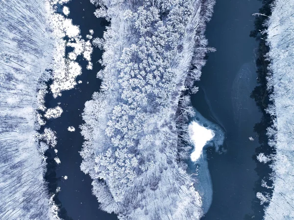 雪の中を流れる川の上を飛んで ポーランドの森林を覆った 自然の中で雪の冬の鳥の眼ビュー — ストック写真