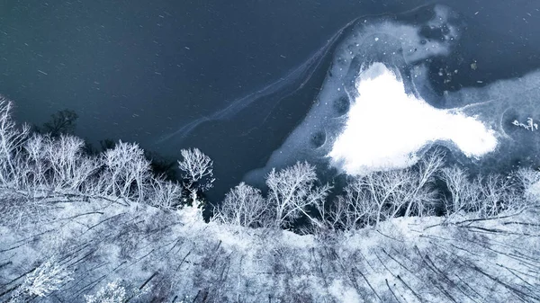 雪の森とポーランドの小さな川の上を飛行します 木々は雪で覆われている — ストック写真