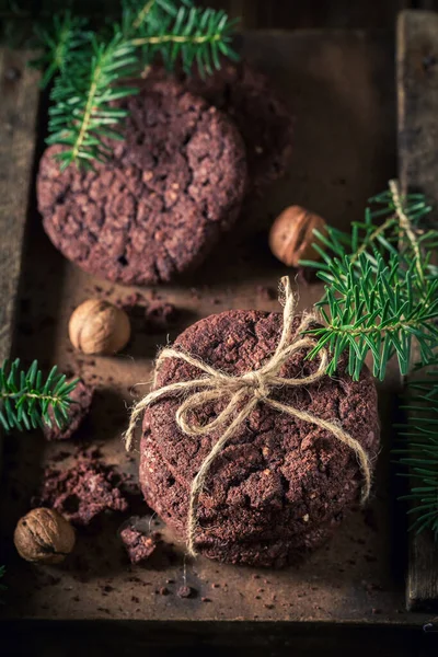 Süße Und Hausgemachte Schokoladenkekse Mit Fichte Und Nüssen Kleine Kekse — Stockfoto