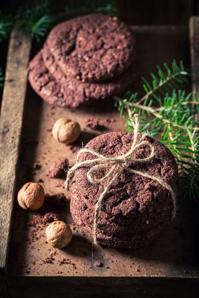 Domácí Chutné Čokoládové Sušenky Kakaa Cukru Malé Sušenky Kakaa Ořechů — Stock fotografie