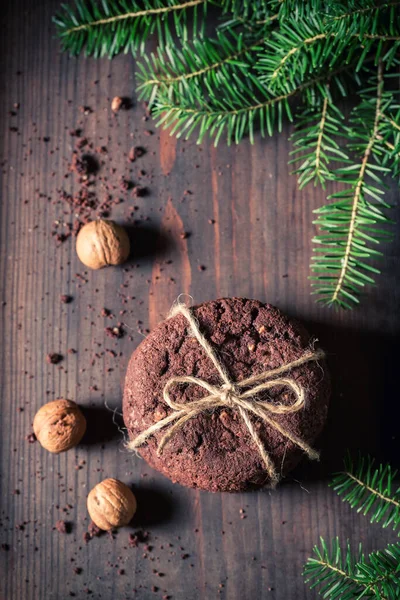 Galletas Chocolate Dulce Marrón Como Merienda Navidad Galletas Cacao Nueces — Foto de Stock