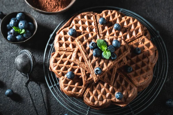 Hjemmelagde Velsmakende Mørke Vafler Med Sjokolade Bærfrukt Ingredienser Til Gode – stockfoto