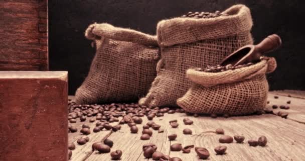 Milled Coffee Beans Vintage Grinder Old Sack Parallax Effect — Vídeos de Stock