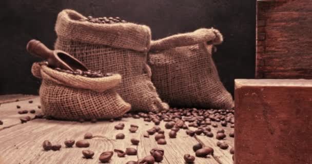 Coffee Beans Bag Grinder Wooden Table Parallax Effect — Stockvideo