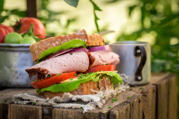 Yaz Aylarında Salatalı Domatesli Jambonlu Yapımı Sandviç — Stok fotoğraf