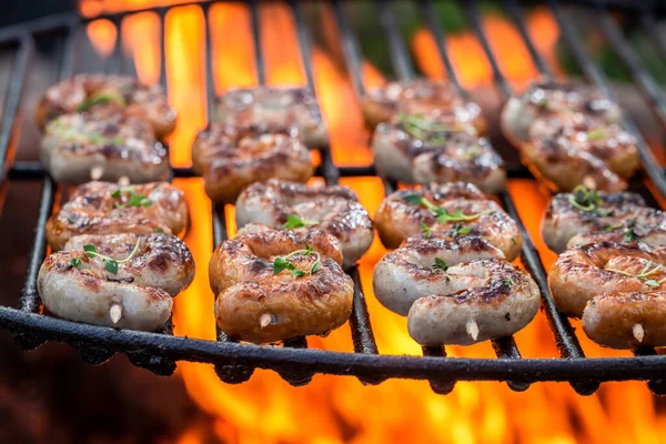 Closeup Tasty Hot Sausage Herbs Spices Grill — Stock Photo, Image