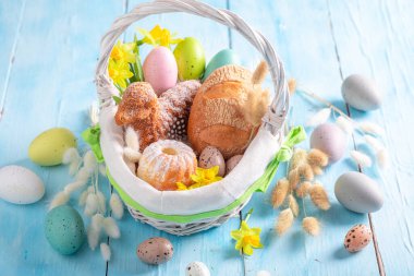 Festive Easter basket as custom of blessing food in Eastern Europe. Easter food basket for blessing. clipart