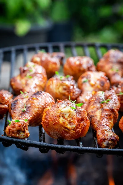 Házi Sült Csirkeláb Grillrácson Tűzzel Grillezett Csirke Grillsütőn Lángokkal — Stock Fotó