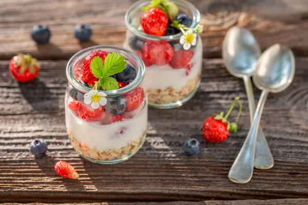 Homemade Delicious Granola Made Yoghurt Flakes Spring Breakfast Garden — Stock Photo, Image