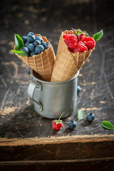 Sweet Homemade Berries Waffels Fruit Sorbet Concept Forest Fruits Wafers — Stock Photo, Image