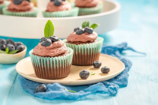 Delicious Sweet Cupcake Chocolate Cream Blueberries Brown Cupcakes Blue Mold — Stock Photo, Image