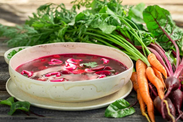 Spicy Delicious Beetroot Soup Served Dumplings Ukrainian Red Borsch Served — Stock Photo, Image
