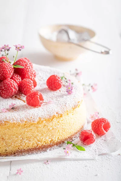Homemade Cheesecake Powdered Sugar Berries Vanilla Cheesecake Raspberries — Stock Photo, Image