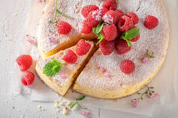 Homemade cheesecake made with raspberries and sugar. Raspberry cheesecake.