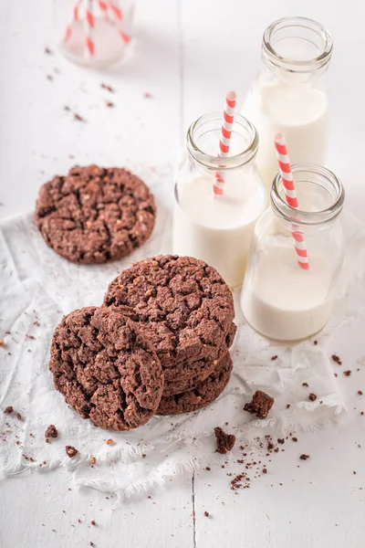 Kotitekoinen Ruskea Evästeet Tehty Suklaata Pähkinöitä Suklaakeksit Maidon Kanssa — kuvapankkivalokuva