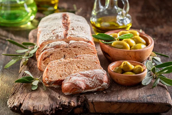 Fresh Bread Classic Bread Tuscany Loaf Bread Green Olives — Stock Photo, Image