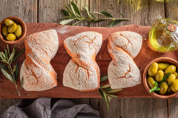 Domácí Buchty Jako Klasický Chléb Itálii Role Olivového Oleje — Stock fotografie