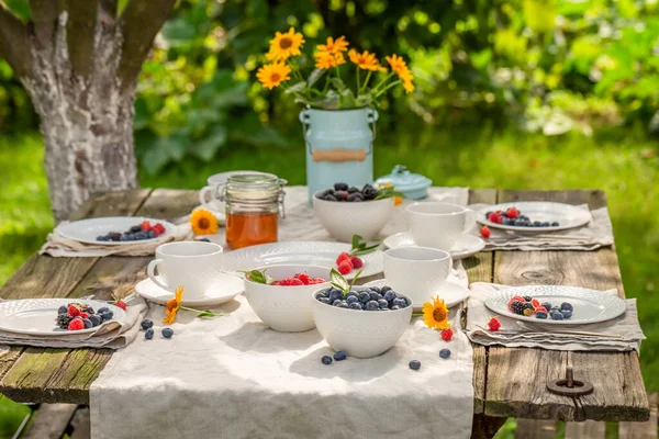 Νόστιμες Και Γλυκές Αμερικάνικες Τηγανίτες Σμέουρα Μέλι Και Βατόμουρα Πρωινό — Φωτογραφία Αρχείου