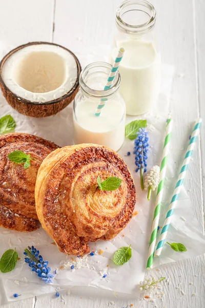 Heerlijke Kokosrolletjes Met Poedersuiker Populair Zweeds Dessert Zweedse Keuken — Stockfoto