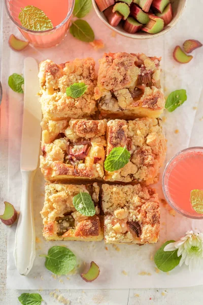Delicious Homemade Rhubarb Yeast Cake Classic Cake Poland Butter Cake — Stock Photo, Image