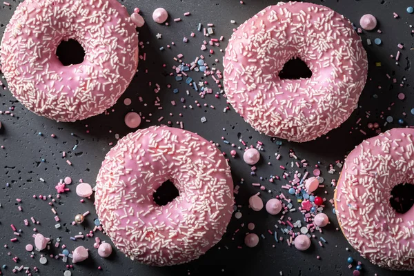 Deliciosos Coloridos Donuts Rosados Como Postre Para Llevar Donuts Postre — Foto de Stock