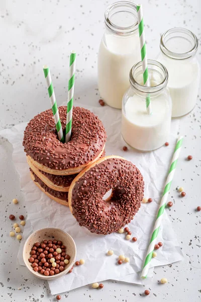 Tasty Fresh Donuts Fat Thursday Served Milk Most Popular Dessert — Stock Photo, Image