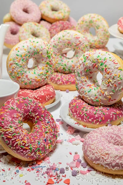 Fresh Yummy Pink Donuts Fat Thursday Festive Donuts Most Popular — Stock Photo, Image