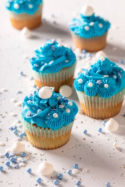 Beautiful Unique Cupcakes Blue Cream Sprinkles Perfect Blue Dessert Sprinkles — Stock Photo, Image