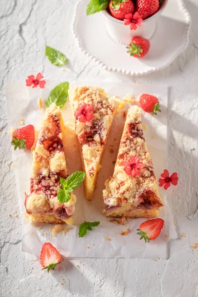 Sweet and tasty strawberry cake as summer dessert. Vegan fruit cake.