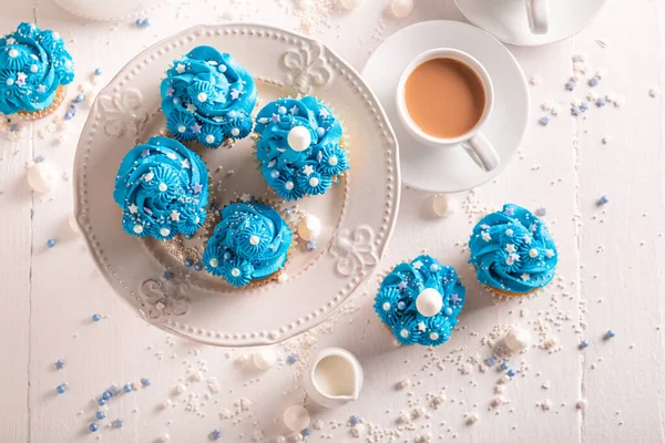 Delicious Sweet Cupcakes Fat Thursday Cream Perfect Blue Dessert Sprinkles — Stock Photo, Image