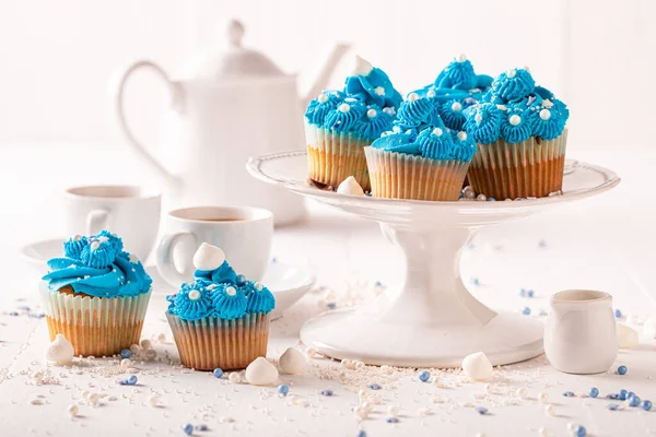 Prăjituri Gustoase Frumoase Gata Mănânce Desert Albastru Perfect Stropi — Fotografie, imagine de stoc