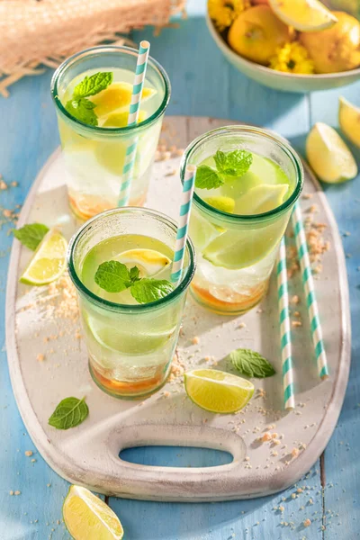 ライムとレモンで作られたおいしいレモネード 夏の日の冷酒 — ストック写真