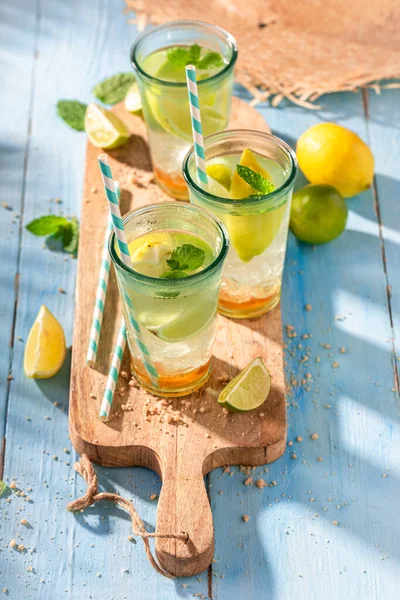 柑橘類とミントの葉と新鮮なレモネード 夏の日の冷酒 — ストック写真