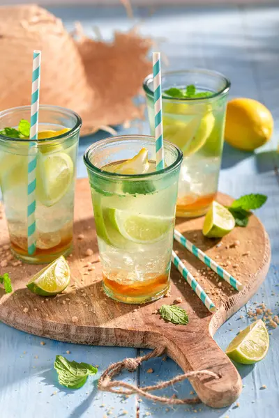 暑い日のための飲み物として新鮮なレモネード ライムとミントのモヒート — ストック写真
