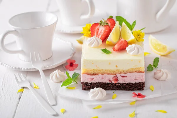 Delicious strawberry sponge cake with jelly and fruits. Summer fruit jelly cake .