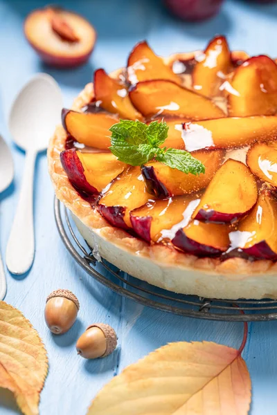 Sweet plum tart made of jelly, cream and fruits. Cake with plums and cream.