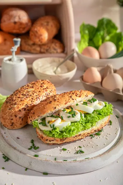 Healthy and delicious sandwich with mayonnaise and eggs. Sandwich for fresh lunch.