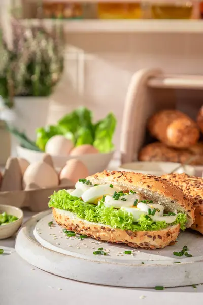 Fresh and tasty sandwich with mayonnaise and eggs. Sandwich for fresh lunch.