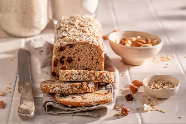 Healthy Delicacies Bread Source Fiber Energy Bread Raisins Nuts Bran — Stock Photo, Image