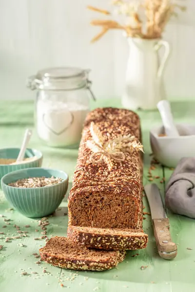 Homemade Loaf Wholemeal Bread Source Fiber Multigrain Graham Bread Seeds — Stock Photo, Image