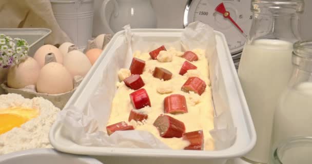 Domowej Roboty Smaczne Ciasto Rabarbarowe Drożdże Jako Letni Deser Ciasto — Wideo stockowe