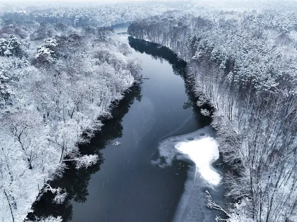 Κρύο Ποτάμι Και Χιονισμένο Δάσος Χειμώνα Αεροφωτογραφία Της Άγριας Ζωής — Φωτογραφία Αρχείου