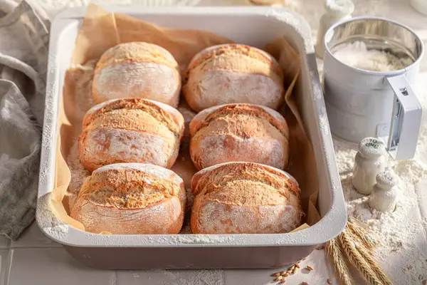 Rollos Calientes Sabrosos Recién Horneados Panadería Casera Bollos Ingredientes Panadería Imagen de archivo